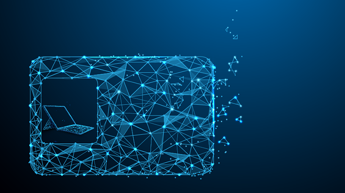 Maschinenidentitäten im Kontext des IoT: leuchtendes digitales Netz, das einen Laptop formt