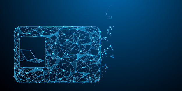 Maschinenidentitäten im Kontext des IoT: leuchtendes digitales Netz, das einen Laptop formt