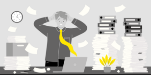 Zertifikate & Reporting: Illustration eines sich die Haare raufenden Mannes vor einem Laptop