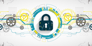 VS-NfD, Zulassung und Zertifizierung: Illustration mit einem Schloss in der Mitte und Zahnrädern und Netzwerken drumherum