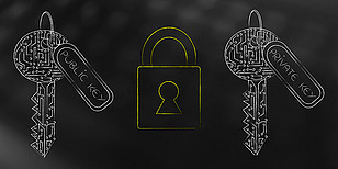 Asymmetrische Verschlüsselung: zwei stilisierte Schlüssel neben einem Schloss
