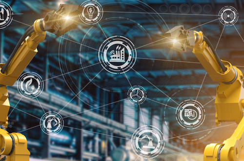 Lagerhalle in der gelbe Maschinen platziert sind, die an imaginären Netzwerk arbeiten