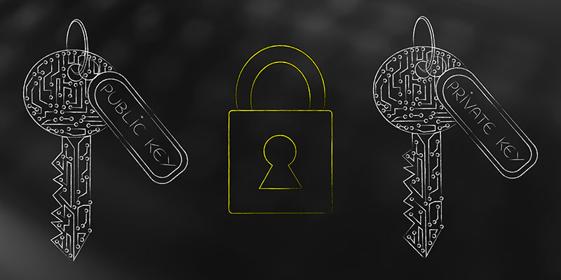 Asymmetrische Verschlüsselung: zwei stilisierte Schlüssel neben einem Schloss