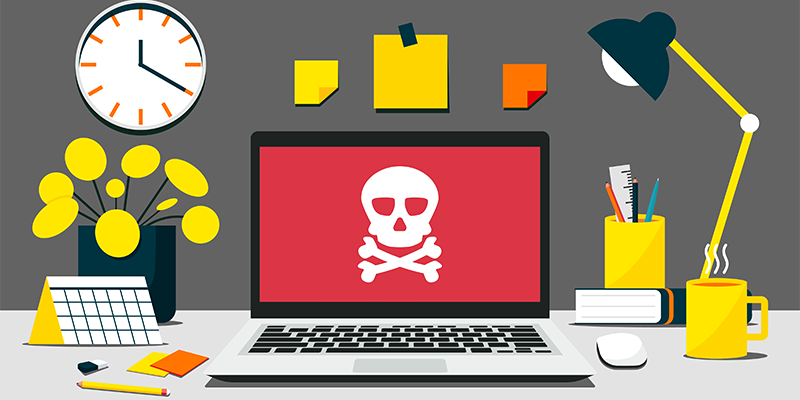 Cyberangriffe im Homeoffice: Grafik eines Laptops, auf dem per Totenkopf ein Cyberangriff stilisiert wird. 