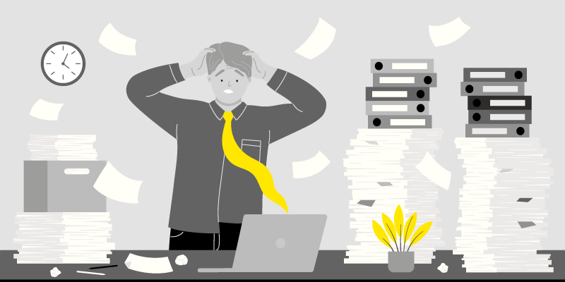 Zertifikate & Reporting: Illustration eines sich die Haare raufenden Mannes vor einem Laptop